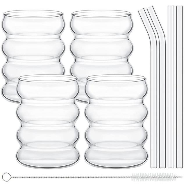 4 Pcs Creative Glass Cups Cute Ripple Shaped Vintage Drinking Glasses Ribbed Glassware Clear Aesthetic Cups Entertainment Dinnerware Glassware with Straws Set for Kitchen Coffee Juice Water Beverage