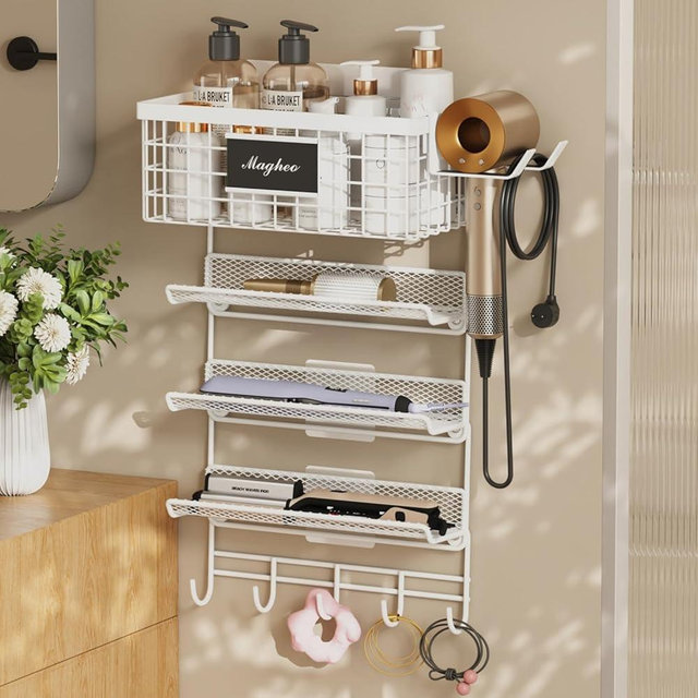 Magheo Hair Dryer Holder Wall Mounted, Adheisve Hair Styling Tool Organizer for hair Brush/Appliance Wall Mount with 5 Tier Shelf Basket Hooks Blow Dryer and Straightener Holder for Bathroom(White)
