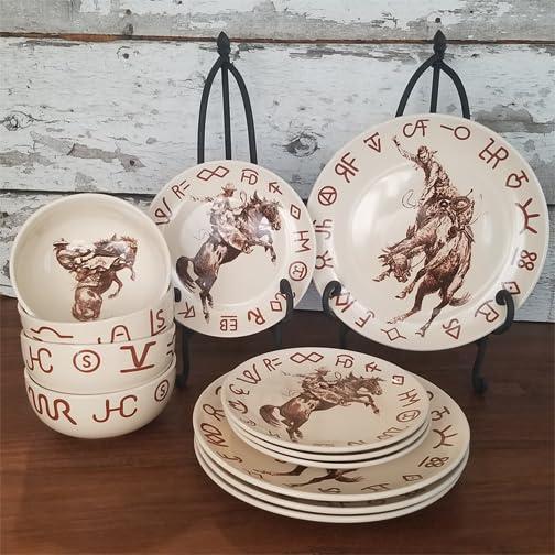 Cowboy Living Broncs & Brands 12 Piece Dinnerware Set of Four Place Settngs, Including Dinner Plates, Salad Plates, and Dinner Bowls