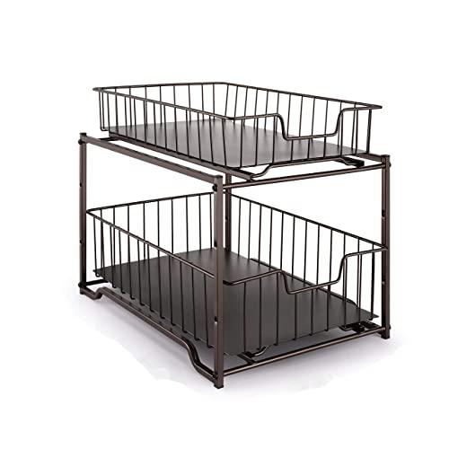 Simple Trending Stackable 2-Tier Spice Rack Kitchen Organizer Cabinet Storage with Sliding Storage Drawer, Bronze