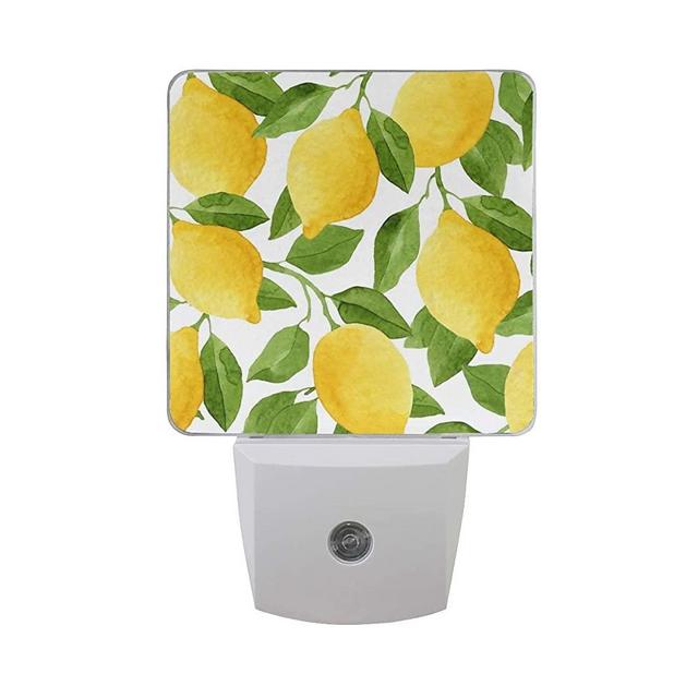 ALAZA 2 Pack Lemon Fruit Leaves Watercolor LED Night Light Dusk to Dawn Sensor Plug in Night Home Decor Desk Lamp for Adult