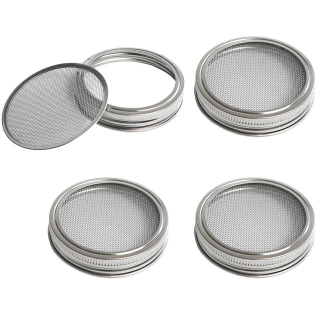 4 Pack Mesh Strainer Jar Stainless Steel Sprouting Jars Mason Wide Mouth Canning Lids for Growing Bean, Seeds and Salad