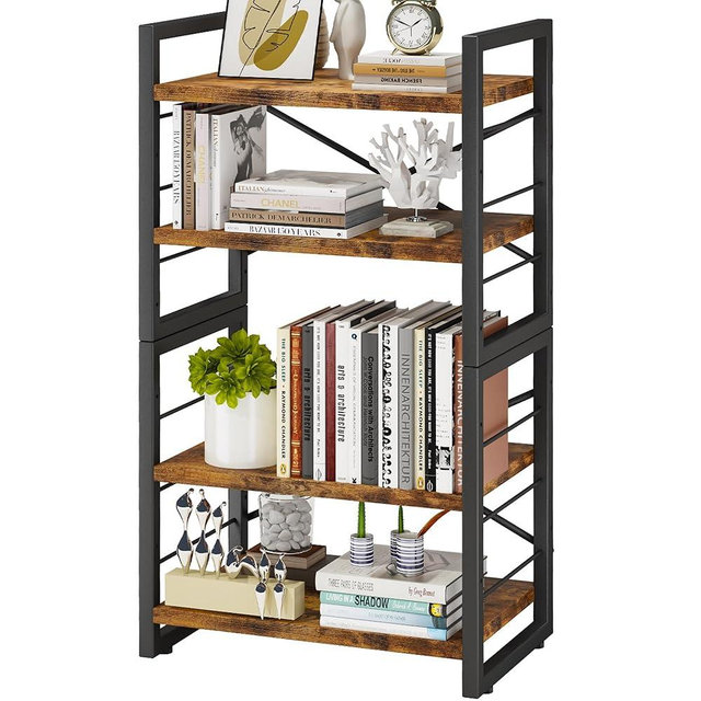 Homeiju Bookshelf, 4 Tier Stackable Bookcase, Adjustable Industrial Book Shelf Storage Organizer for Desktop, Living Room, Bedroom, Office(Rustic Black and Brown)