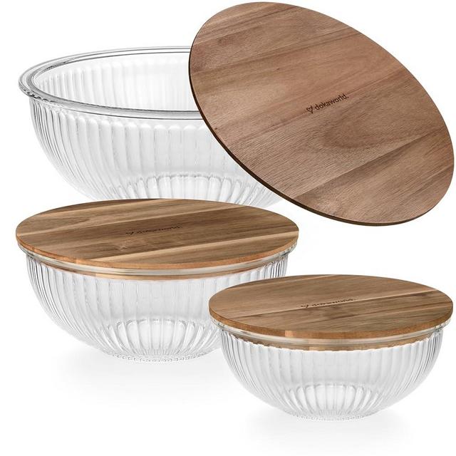 dokaworld Glass Mixing Bowls - Nesting Bowls - Cute Collapsible Glass Bowls With Lids Food Storage - 3 Stackable Microwave Safe Glass Containers - Salad Acacia Baking Glass Bowls Set For Kitchen