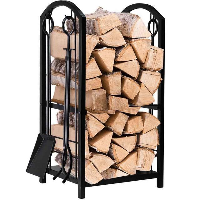 Amagabeli - Fireplace Log Rack with 4 Tools Indoor Outdoor Fireside Firewood Holders Lumber Storage Stacking Black Wrought Iron Logs Bin Holder for Fireplace Tool set Brush Shovel Poker Tongs 15.8 x 29.1 x 11.8in