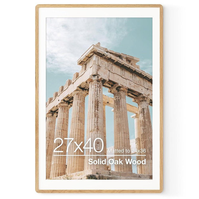 FLYJOE 27x40 Inch Poster Frame | Solid Oak Wood 27 x 40 Poster Frame | Movie Poster Frame 27x40 With Mat For 24x36 | Tempered Glass And Hanging Hardware Included | 27x40 Wood Frame | Natural Oak