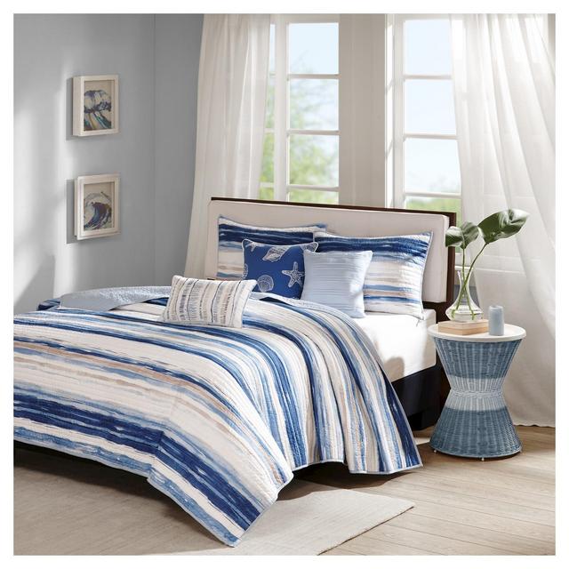 Fairbanks Beach Striped Quilted Coverlet Set (Full/Queen)Blue - 6pc
