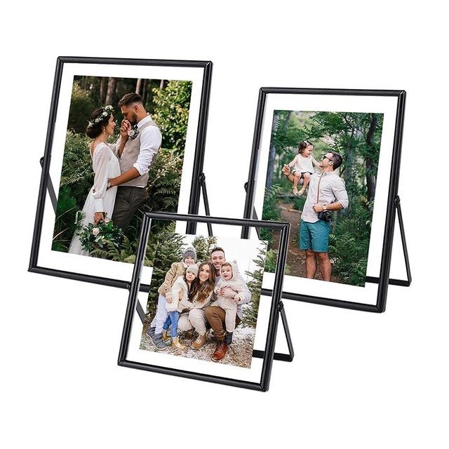Set of 3 Black Floating Picture Frame, For Photo Sizes (6x8, 5x7, 4x6), Metal Glass Floating Frames Photo Frames - Vertical Tabletop Stand Black Picture Frames, Home Office or Wedding Decoration