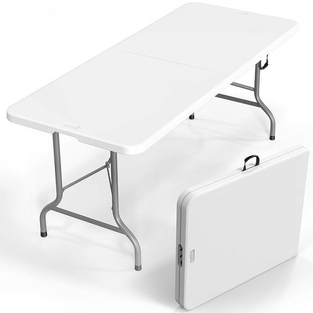 VINGLI 8 Foot Plastic Folding Table Portable Long White Table for Indoor Outdoor Use Rectangular with Carrying Handle