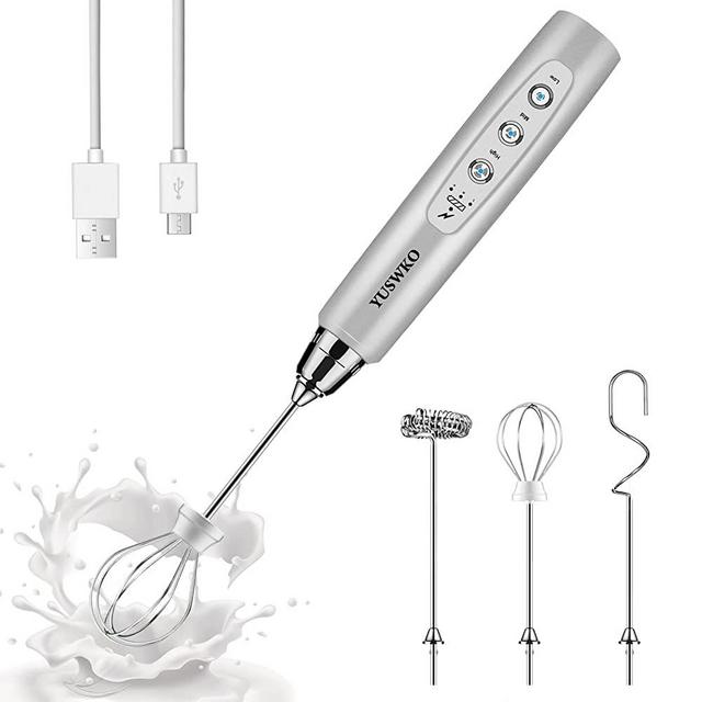 Rechargeable Milk Frother Handheld with 3 Heads, Silver Coffee Electric Stirrer Whisk Foam Mixer, Mini Hand Blender with 3 Speeds Adjustable for Latte, Cappuccino, Hot Chocolate, Egg