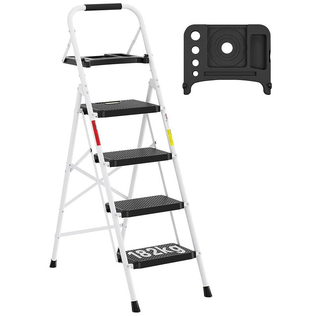 BONTEC 4-Step Ladder, Folding Step Stool with Tool Platform, Wide Anti-Slip Pedals, Max Load Capacity 400lbs Sturdy Steel Ladder, Lightweight Portable Ladder, Tall Step Ladder for House Use, White