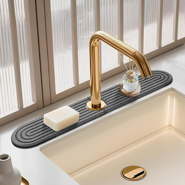 Suouezi Dark Gray-Oval 23.6" Diatomite Kitchen Faucet Mat & Stone Sink Tray – Quick Drying Super Absorbent Splash Guard for Kitchen Bathroom Sink Countertop Protector with Multiple Sizes Colors Styles