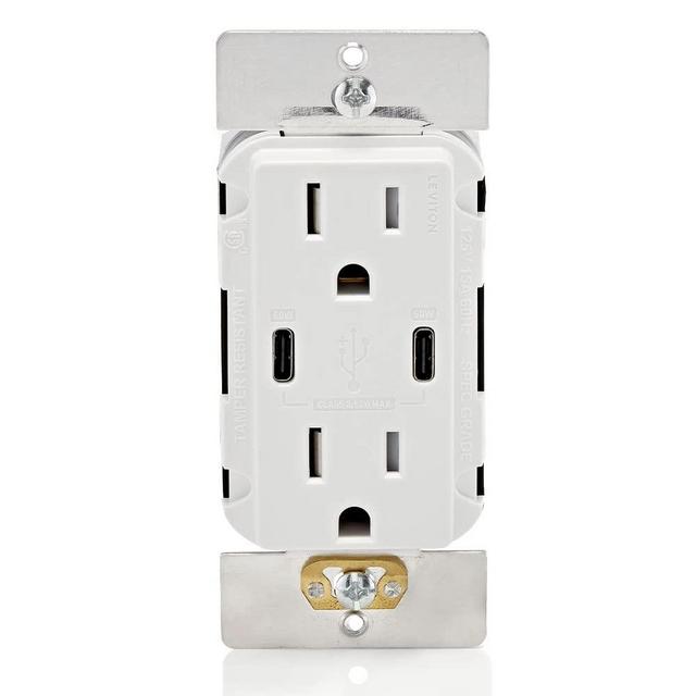 Leviton T5636-W, White 60W (6A) USB Dual Type-C/C Power Delivery Wall Charger with 15A Tamper-Resistant Outlet