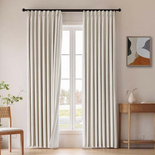 Natural Linen Pinch Pleated Blackout Curtains 2 Panels 40"Wx84"L inches Long for Bedroom Living Room Thermal Insulated Room Darkening Pinch Pleat Drapes Soundproof Back Tab Curtain with Hooks & Rings