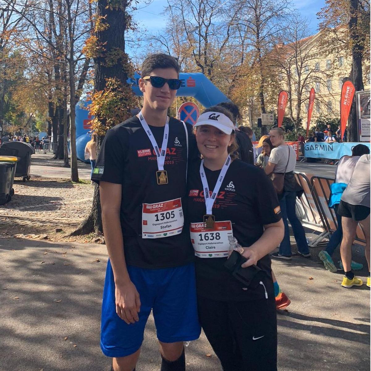 Right after running the Graz Half Marathon, 2019. (Okay, Stefan had been done for a while.)