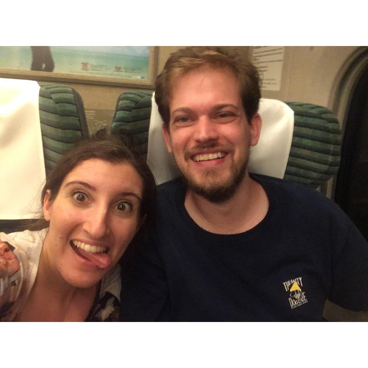 Summer, 2017: On the bullet train in Japan. We're very calm for two people going very fast.