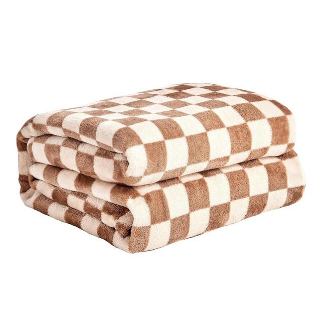 FY FIBER HOUSE Checkered Flannel Fleece Throw Blanket Soft Cozy Checkerboard Grid Print Chessboard Gingham Pattern Blankets for Bed Couch Sofa, 50"x60", Khaki