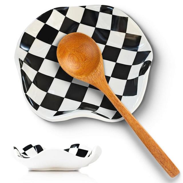Spoon Rest for Stove Top, 5.3 in Checkered Spoon Holder Utensil Rest, Ceramic Coffee Spoon Rest, Kitchen Spoon Rest for Spoons, Ladles or Tongs, Housewarming Gifts, Spoon Rest for Kitchen Counter