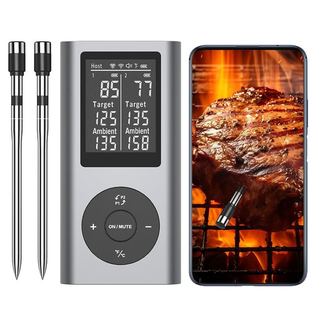 Wireless Meat Thermometer with 2 Probes & 800Ft Range - Smart Bluetooth BBQ Grill Thermometer with Standalone Base, NIST Certified ±0.5°F Accuracy, Backlit Display for Oven, Smoker, Kitchen Cooking
