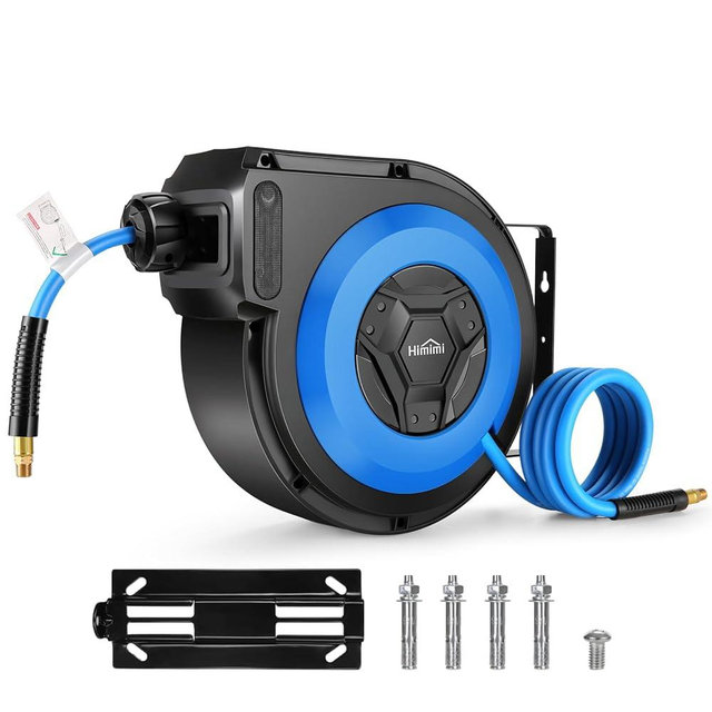 Himimi 50FT + 6.6FT Retractable Air Hose Reel, Ceiling/Wall Mount Penumatic Hose Reel for Garage Workshop, Auto Rewind, 3/8" x 50' Hybrid Air Hose Reel with Brass Fittings + Bend Restrictors, 300PSI