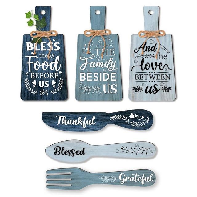 PH PandaHall 6pcs Kitchen Wall Decor Bless Food Sign Set Wall Table Accessories Wooden Pendant Decorations Mini Plaque Fork Spoon Shape Sign Rustic Style Home Dector Blue, 11x5.5 inch/11.8x2 inch