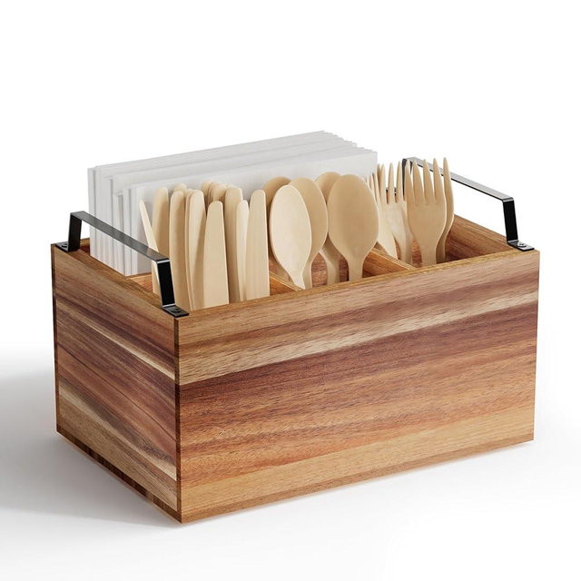 Yaoyiizy Wooden Silverware Caddy Organizer, Acacia Wooden Silverware Holder, Utensil Holder for Party, Utensil Organizer for Countertop, Wood Color
