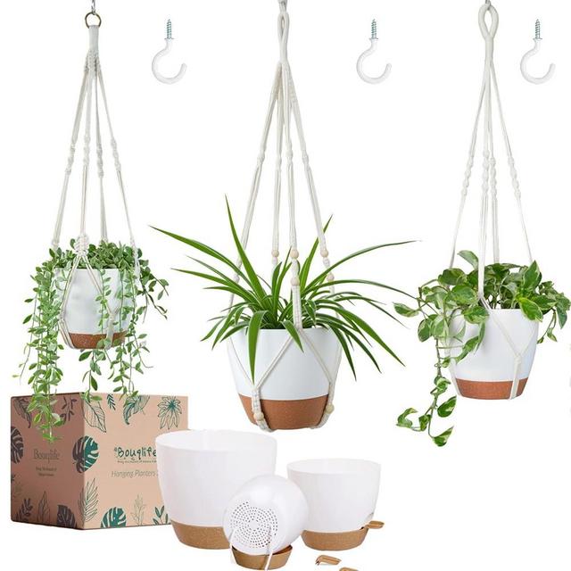 Bouqlife Set of 3 Hanging Planters for Indoor Plants with 10"/8"/7" Self-Watering Hanging Pots, Hanging Plant Pots with Drainage, 3 Different Size Macrame Plant Hangers with Hooks White Large