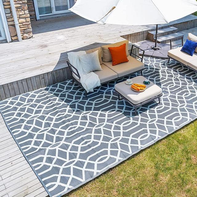 wikiwiki Reversible Rugs Mats, 9x12ft Waterproof Outdoor Patio Rug,Large Plastic Straw Floor Mat for Camping, RV, Garden, Balcony, Outside Area Carpet,Grey