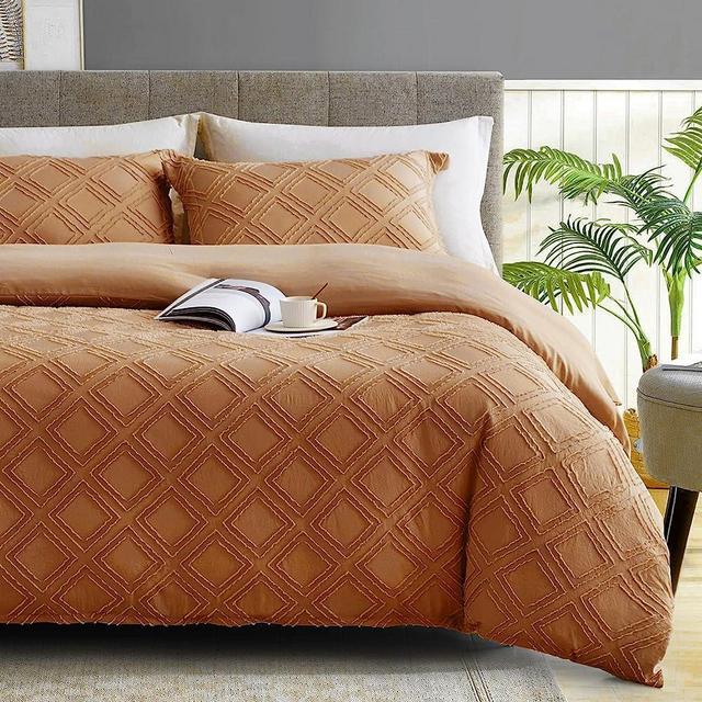 Maple&Stone King Duvet Cover Set, 3 Pieces Textured Tufted Boho Bedding Sets Zipper Closure Design with Ties, 1 Duvet Cover + 2 Pillow Shams, Comforter NOT Included (Pumpkin, King Size)