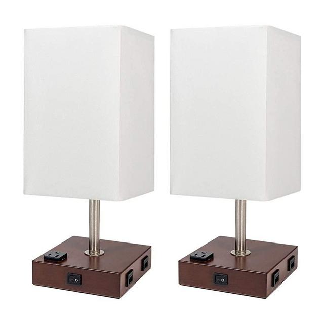 DEEPLITE Lamps for Bedrooms Set of 2, Bedside Lamp with USB Port and Outlet, Wood Nightstand Lamp with White Shade, Rustic Lamps for Living Room, Night Table, End/Side Table Top