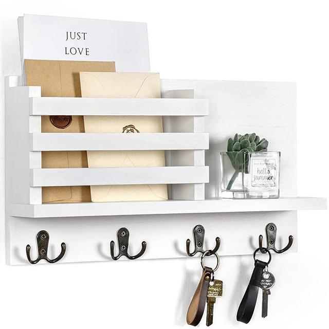 Lwenki Key & Mail Holder for Wall - Rustic Natural Paulownia Wood, 4 Double-Hook Hangers - Wall Mounted Organizer for Decor, Bags, Accessories - Hardware & Manual Included (White)