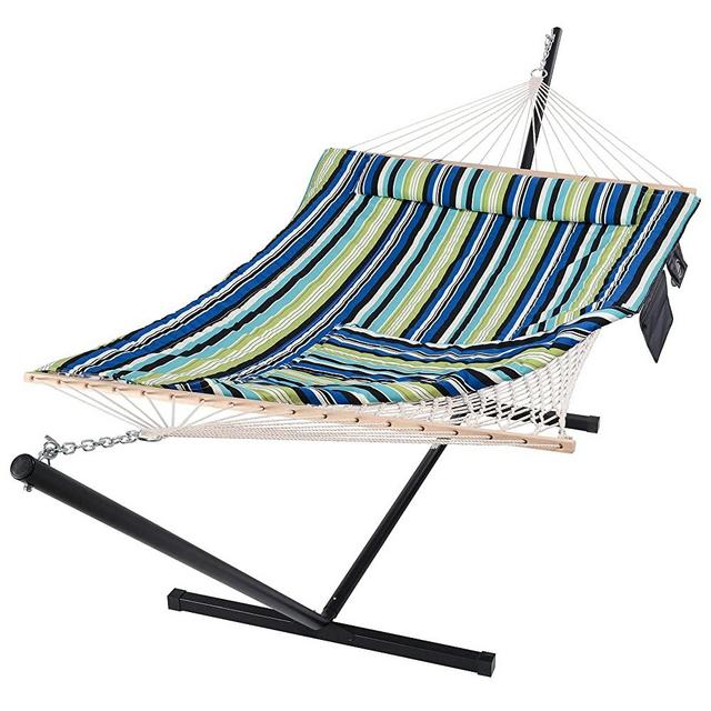 SUNCREAT Hammocks Double Cotton Rope Hammock with Polyester Pad, Heavy Duty Hammock with Steel Stand, Blue&Green