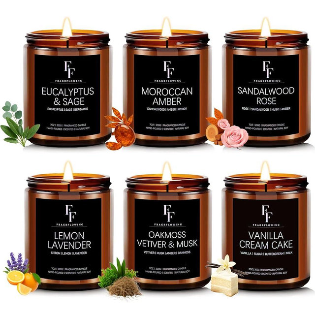 Scented Candles Set, Candles for Home Scented Soy Wax Candles, 6 Pack 42 Oz Aromatherapy Candles Gift Set for Women Men (Lemon/Vanilla/Sage/Rose/Amber/Vetiver)