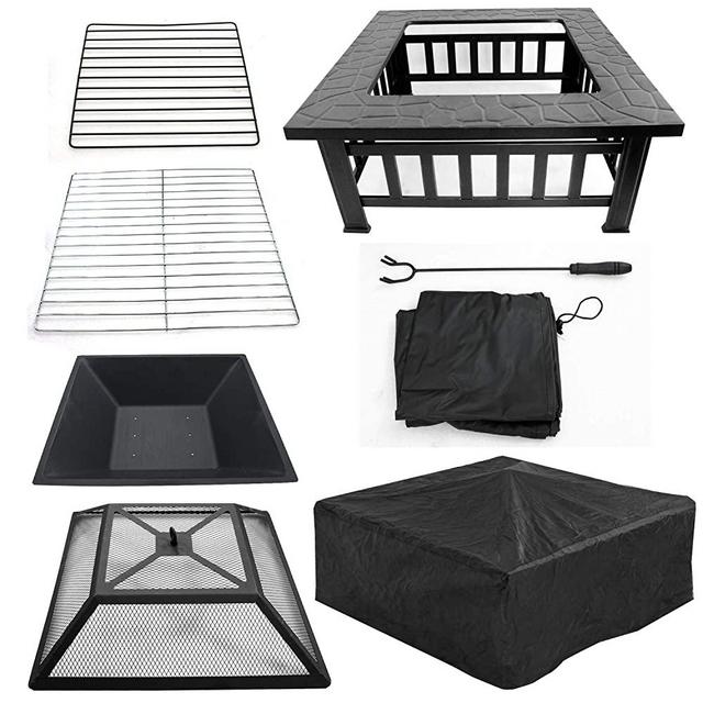 JupiterForce 32" Metal Fire Pit Square Outdoor Fire Barbecue Table with Rainproof Cover, Black