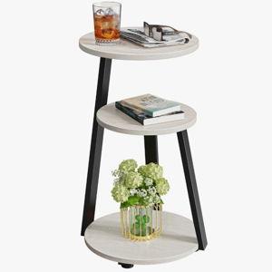 Vernestine Round End Table Side Table with 3-Tier Shelves - White Wood, Black Base