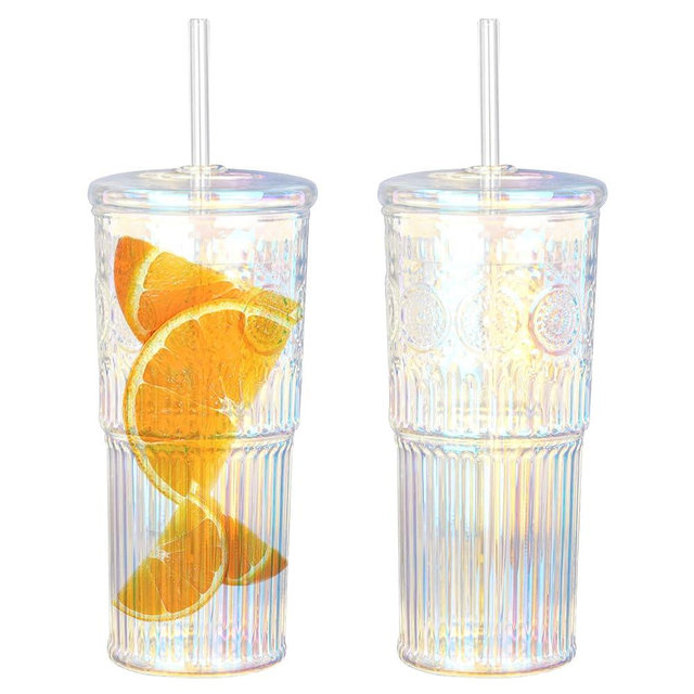Bandesun All Glass Iced Coffee Cup With Lids and Straws，24 OZ Rainbow High Borosilicate Glass Tumbler for Water Smoothie Juice Drinks