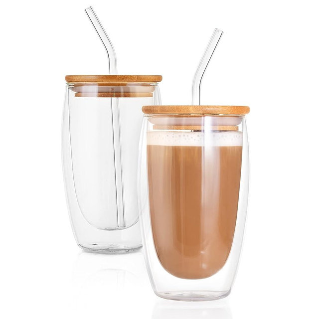 Smith Creative Double Wall Glass Coffee Mugs (Set of 2) - 16 oz Insulated Borosilicate Glass Coffee Cups with Lids and Straw - Microwave Safe Clear Drinking Mug for Hot & Cold Beverages Company