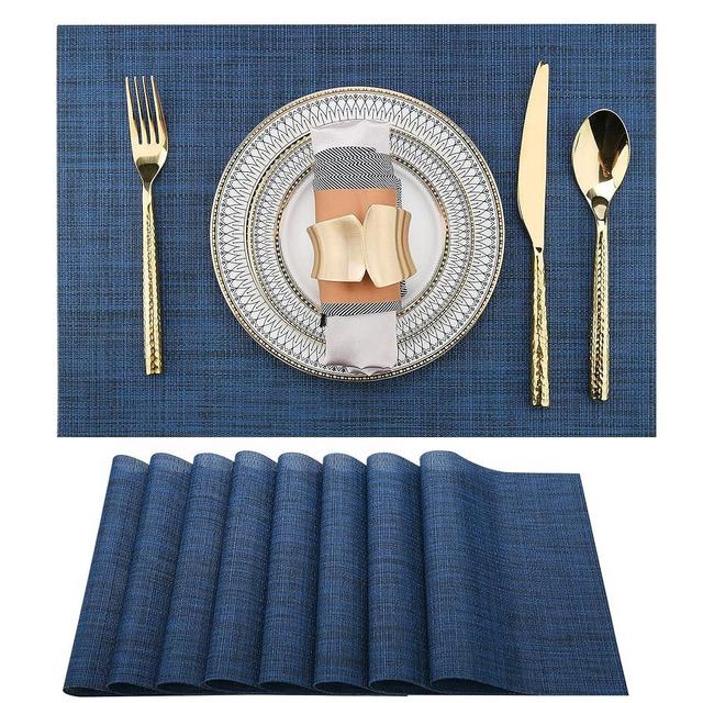 SLKQG Navy Blue Placemats Set of 8 - Easy Clean Washable Vinyl Placemats - Wipeable Heat Resistant Table Mats for Dining Table - 17x12 Inch (Navy Blue, 8)