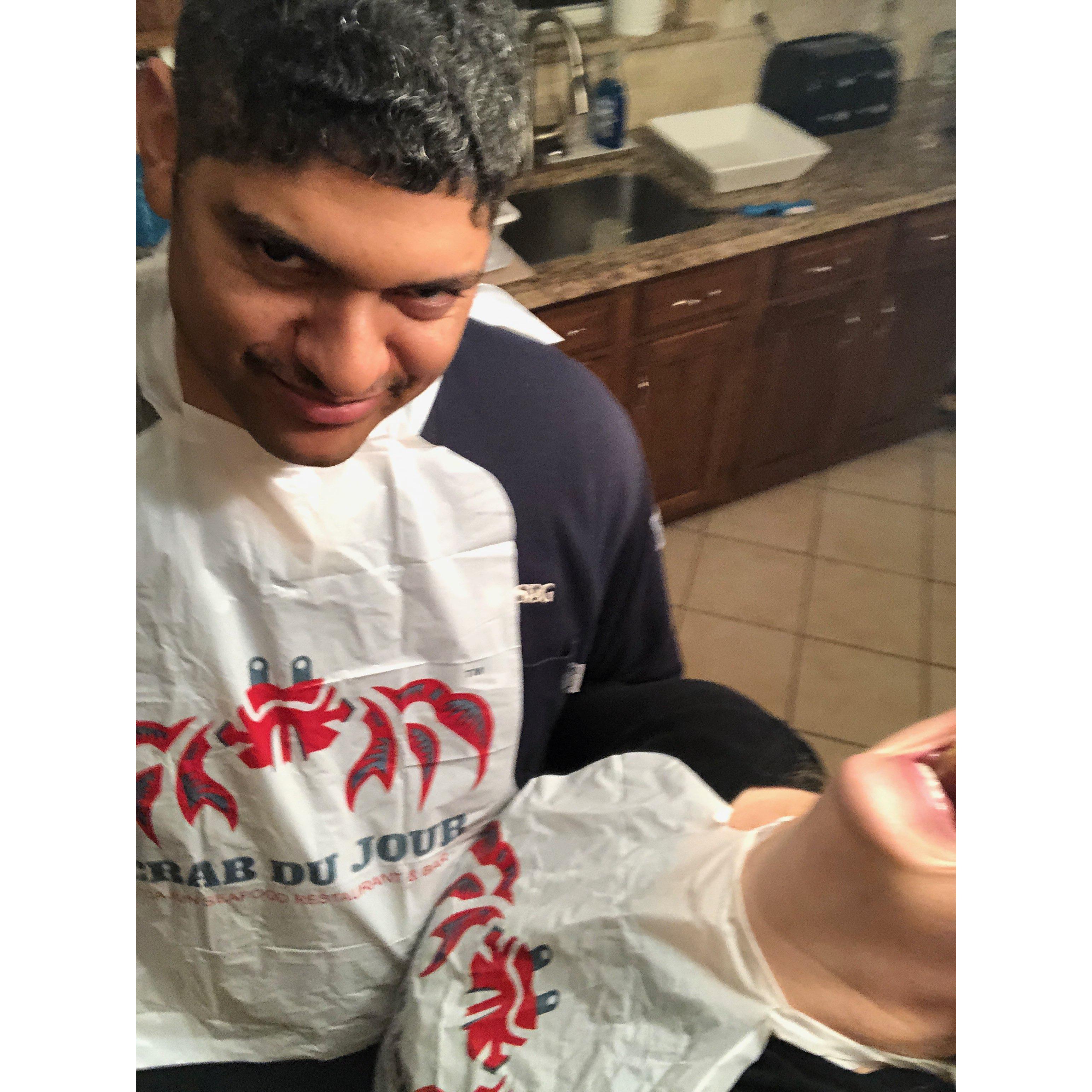 Crab du Jour... G wanted a picture with the bib. B wasn't too sold on the idea...