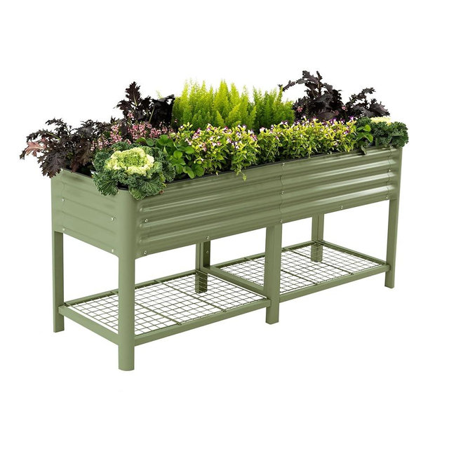 Elevated Garden Bed-V Series, 2' x 6' Raised Garden Beds with Legs & Storage Rack for Lawn & Patio, Outdoor Planter Box for Gardening Vegetables Flower Herbs, Olive Green