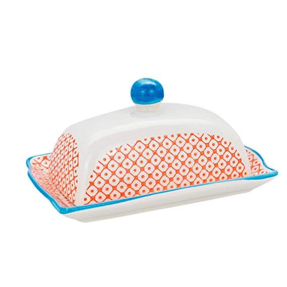Patterned Butter / Margarine Dish with Lid - 185mm (7.3 inches) - Orange / Blue Print
