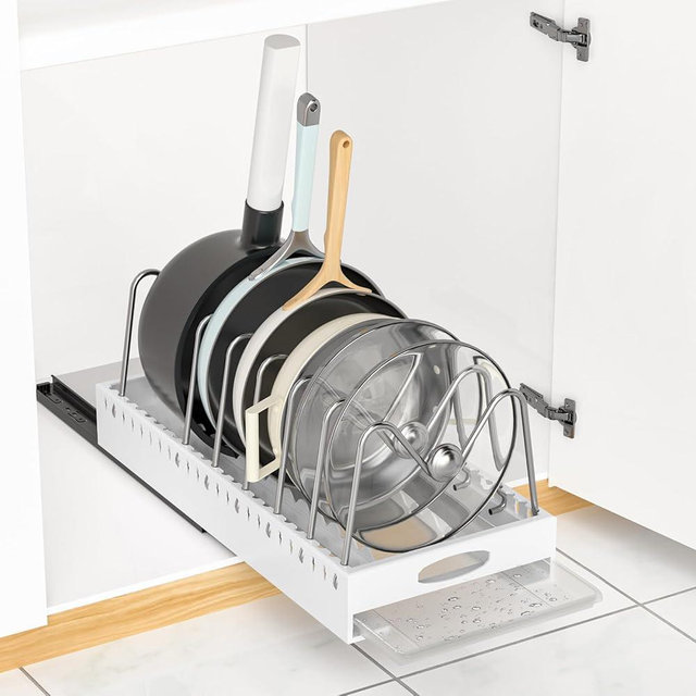 2 Pack | Adjustable Pots and Pans Organizer Under Cabinet with Drip Tray, Pull-Out Pot/Pan Lid Organizers Inside Cabinet, 16.1” Deep Carbon Steel Pan and Pot Racks with 7 Dividers for Countertop.