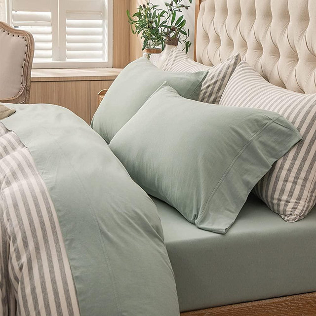 PURE ERA Jersey Knit 4pc Bed Sheet Set 100% T-Shirt Cotton Super Soft Comfy Breathable Fits Mattress Up to 20" Extra Deep Pocket (Solid Sage Green, King)