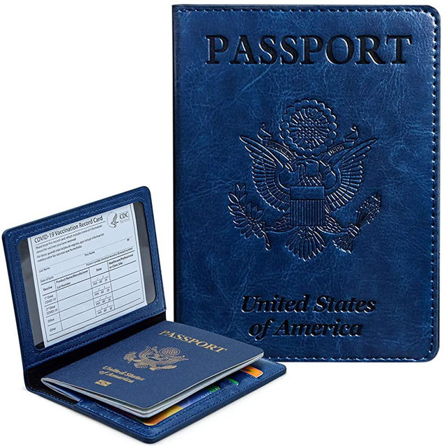 Passport and Vaccine Card Holder Combo, Passport Wallet with CDC Vaccination Record Card Slot, Rfid Blocking Leather Travel Accessories Documents Organizer Protector for Women and Men