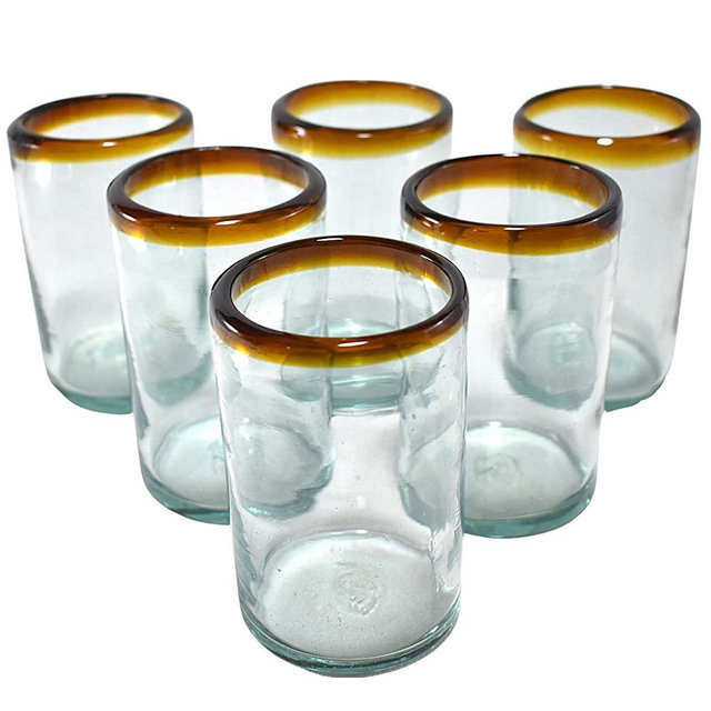 MAREY Handblown Drinking Glasses Artisan Crafted from Mexico Set of 6 pieces (Amber Rim, Water 16 Oz.)