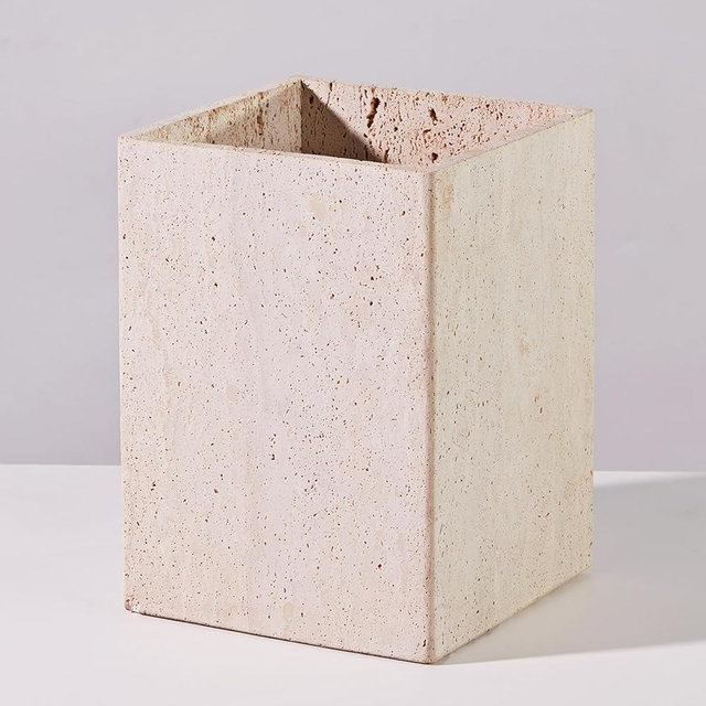 Rectangular Ivory Travertine Bathroom Trash Can, Natural Organic Stone Office Wastebasket, Wabi-Sabi Durable Storage Basket, Garbage Container for Bathroom, Home Office, Bedroom, Living Room, Toilet