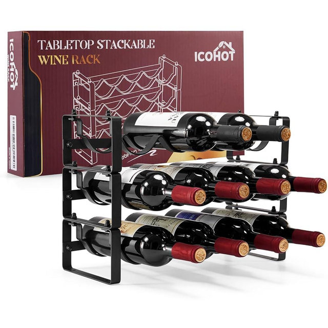 ICOHOT Stackable Wine Rack Countertop, Sturdy Bottle Holder Freestanding for Cabinet, 3 Tier Small Tabletop Wine Holder Stand, Wire Bottle Rack Metal Storage Organizers