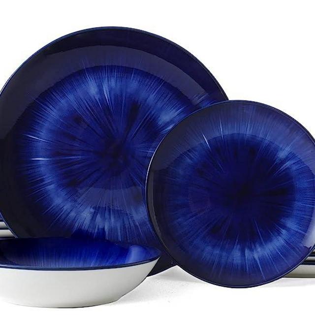 Bestone 12 Pieces Round Porcelain, Chip Resistant Dinnerware Sets, Plates, Dishes, Bowls, Service for 4 (Dark Blue)