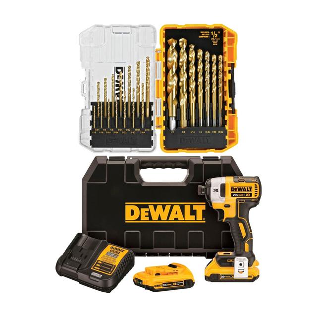 DEWALT XR 20-volt Max Variable Speed Brushless Cordless Impact Driver (2-Batteries Included) & 21-Piece Assorted x Set Titanium Twist Drill Bit Set