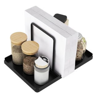 Napkin Holder for Table, Metal Napkin Holder with Salt and Pepper Shakers Caddy, Standing Paper Napkin Storage for Kitchen Dining Table Decor, Black
